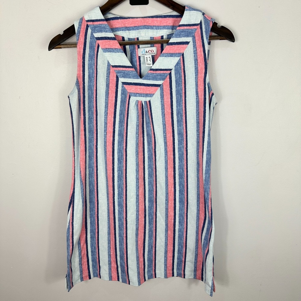 Denim & Co. Tunic Top Womens XS Blue Pink Striped V-Neck Sleeveless Coastal